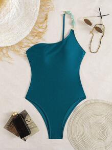 Swim Chiccia 女士夏季海滩音乐节单肩闪亮尼龙棕色串珠优雅度假风格连体衣 - 綠色 - 查看 4