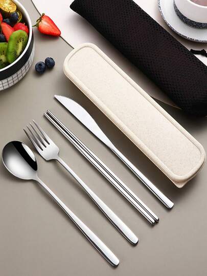 SHEIN Travel Utensils, Travel Silverware Set With Case,Cutlery Set Portable Camp Reusable 18/8 Stainless Steel Flatware Silverware, Include Fork Spoon Chopsticks With Case,For Western Cuisine,Kitchen,Lunch Box Office Picnic Daily Eating,Christmas (Silvery),Various Combinations Available Christmas For Holiday Gift Giving