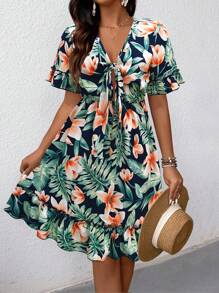 SHEIN LUNE Women's Casual Tropical Print Dress - Royal Blue - View 6