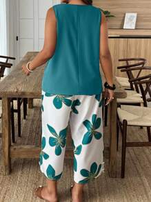 SHEIN Holidaya Bộ đồ 2 món không tay phong cách du lịch thường ngày cỡ lớn có họa tiết hoa chắp vá - Màu xanh ngọc - Xem 2