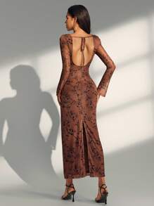 Almamuse Vestido largo ajustado con mangas divididas y estampado floral ditsy de malla para mujer