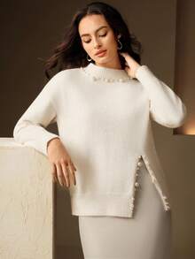 Anewsta 女士优雅设计串珠圆领修身休闲百搭开叉下摆毛衣，适合秋季、秋季、冬季、外出、优雅、正式、派对、别致、新年、圣诞节、工作、毕业、婚礼 - 杏色 - 查看 5