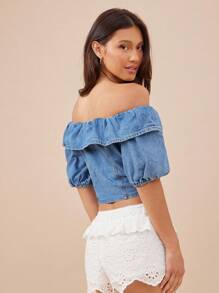 WESTFADE 荷叶边露肩纽扣前短款泡泡袖棉混纺牛仔短款上衣夏季波西米亚风牛仔女早午餐度假上衣 - 中等水洗藍 - 查看 3