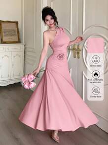 Modelyn Women's Solid Color Sleeveless Oblique Neck Pleated Slim Long Dress - Pink - View 5