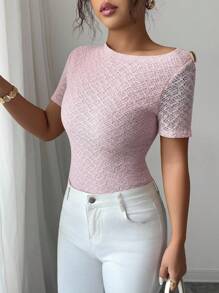 Elenzga Women's Pastel Color Jacquard Lace Asymmetrical Neckline Metal Buckle Decor Short Sleeve T-Shirt - Pink - View 3