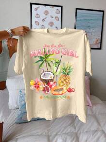 SHEIN EZwear Oversized Casual Minimalist Girls Trip Fruit & Floral Graphic Round Neck Short Sleeve T-Shirt For Women