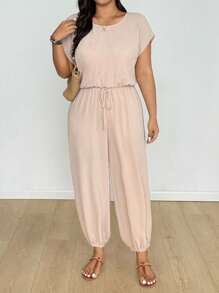 EMERY ROSE 大码女式休闲纯色短袖连体裤 - 杏色 - 查看 1