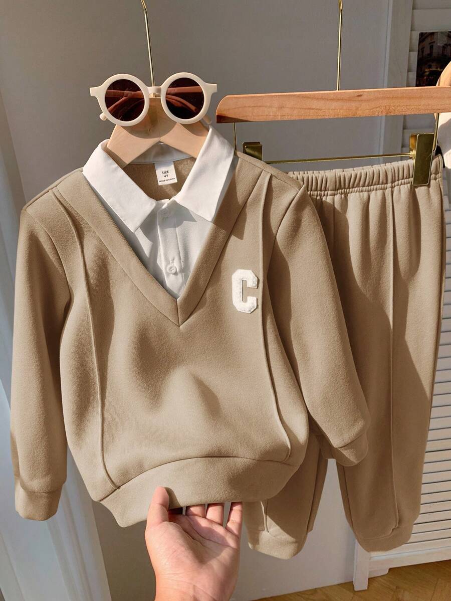 SHEIN 2件套男/女婴休闲卡其色拼接长袖翻领上衣和松紧腰裤套装，秋冬男婴米色套装，男婴休闲套装，男婴西装套装，男婴米色套装，男婴两件套秋季套装 - 卡其色 - 查看 1