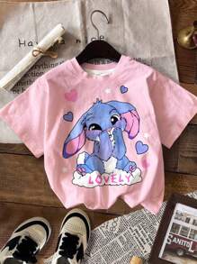 SHEIN Leap Crew 2 件套 Kawaii Naughty Lulu 蝴蝶结兔子，粉色和奶油白色，青少年女孩休闲简约短袖圆领 T 恤，适合夏季、返校季、2000 年代风格、清凉夏日、度假氛围 - 彩色 - 查看 3