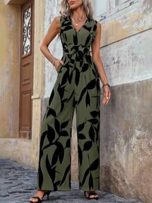 EMERY ROSE Mono largo sin mangas para mujer, pantalones anchos con cintura ajustada, estampado floral en color albaricoque/negro, para el verano