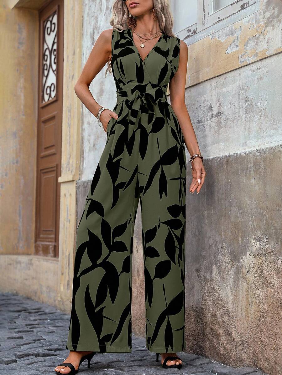 EMERY ROSE Mono largo sin mangas para mujer, pantalones anchos con cintura ajustada, estampado floral en color albaricoque/negro, para el verano