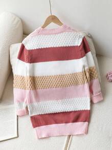SHEIN Áo len cardigan dài cổ chữ V kẻ sọc cho bé gái, mềm mại và ấm áp cho mùa tựu trường, Thu/Đông - Nhiều màu - Xem 2