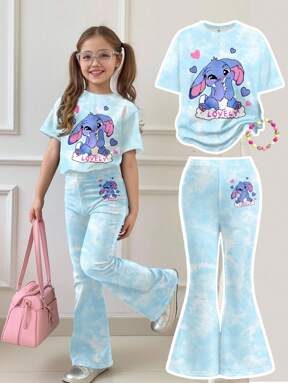 SHEIN 2pcs Cute Cartoon Blue Rabbit Lulu, Stitch Pattern, Tie-Dye Sky Blue Tween Girl Casual Minimalist Short Sleeve Round Neck T-Shirt And Flare Pants Set, Summer Outfits For , Easy Comfort, Autumn Layers For Kids, Stylish Kids, Casual Wear, Kids Graphic Clothes, Back To School, Fall Clothes, Homecoming