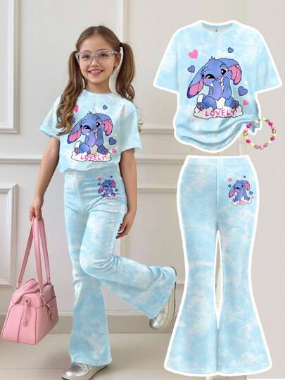 SHEIN 2pcs Cute Cartoon Blue Rabbit Lulu, Stitch Pattern, Tie-Dye Sky Blue Tween Girl Casual Minimalist Short Sleeve Round Neck T-Shirt And Flare Pants Set, Summer Outfits For , Easy Comfort, Autumn Layers For Kids, Stylish Kids, Casual Wear, Kids Graphic Clothes, Back To School, Fall Clothes, Homecoming
