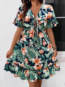 SHEIN LUNE Women's Casual Tropical Print Dress - Royal Blue - View 7