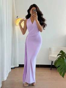 交叉领腰褶饰连衣裙 - 紫色 - 查看 2