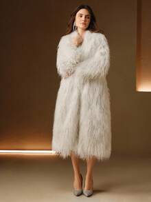 Anewsta 女式长翻领长袖口袋白色仿皮草宽松时尚休闲外套，秋冬 - 白色 - 查看 4