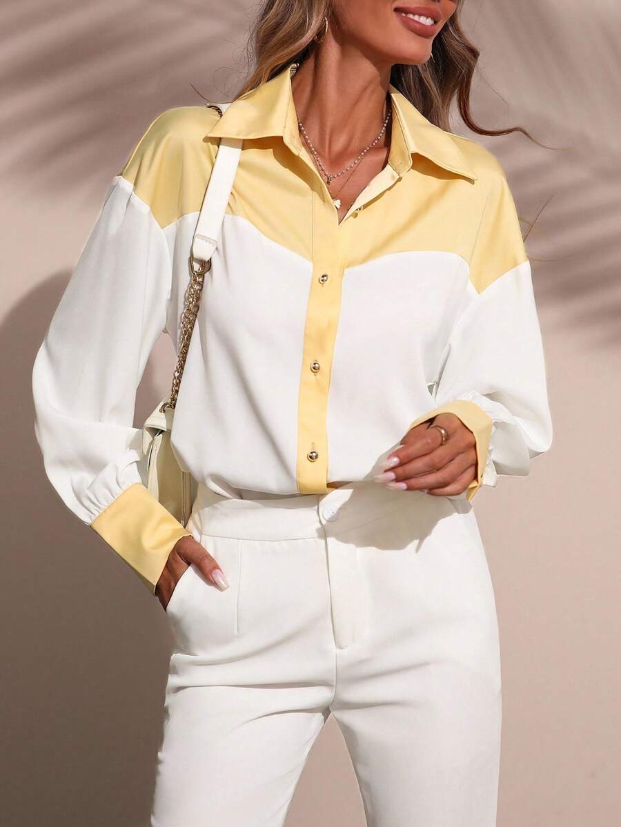SHEIN LUNE Women's Elegant Fashion Commuter Casual Comfortable Charming Retro Holiday Contrast Color Gold Button Long Sleeve Loose Solid Color Blouse Fall Cloth For Women - Yellow - View 1