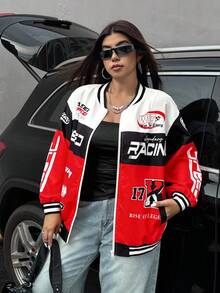 Muchica Plus Size Fashion Street Casual Outdoor Zip-Up Long Sleeve Jacket For Women Racing Jacket Women Motorcycle Jacket Women Streetwear For Women Winter Fall Autumn