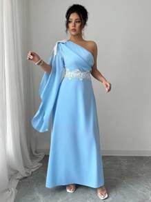 Rafferiza Asymmetric Neck Blue Dress With Floral Lace Trim & Cinched Waistline, Slimming Long Dress
