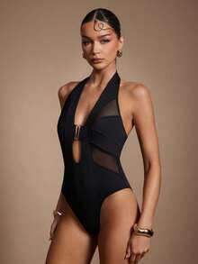 Hauture 女士性感露背镂空网眼连体衣，金色装饰，适合派对穿着 - 黑色 - 查看 4