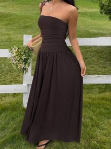 SHEIN EZwear Women Casual Coffee Brown Long Dress - Coffee Brown - View 4