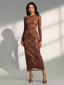 Almamuse Vestido largo ajustado con mangas divididas y estampado floral ditsy de malla para mujer