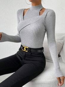 Chiquease 镂空环绕交叉罗纹针织毛衣、长袖上衣