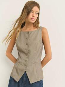 Nöista Áo vest cổ tròn đơn hàng ngày màu trơn mùa hè cho nữ - Cà phê nâu - Xem 2