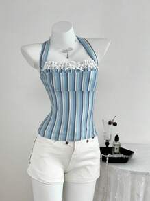 Elamini Striped Contrast Color Drawstring Ruffle Tie Neck Pleated Bodycon Tank Top