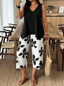 Weeklong Set de 2 piezas de estilo casual de vacaciones sin mangas talla grande con parche floral