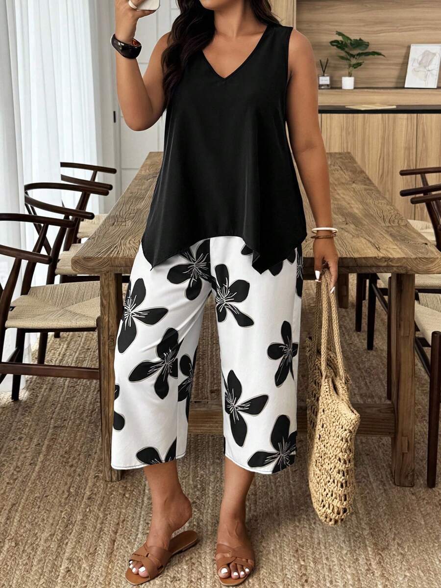 Weeklong Set de 2 piezas de estilo casual de vacaciones sin mangas talla grande con parche floral