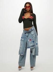 SUMWON WOMEN Áo crop top tay dài phong cách đường phố, áo thun dệt kim họa tiết thời trang câu lạc bộ tiệc tùng cổ chữ V sâu, quà tặng lễ hội ngày lễ - màu đen - Xem 3