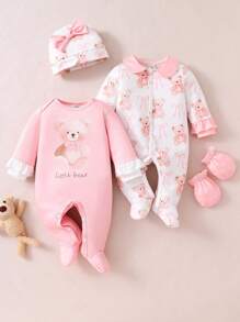 SHEIN 4 pezzi Set neonato con tutina a maniche lunghe, cappello e guanti stampati con orsetto e fiocco, pigiama per neonati