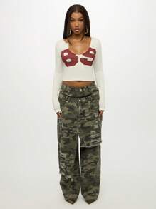 SUMWON WOMEN V-Neck Crop Top Long Sleeve Butterfly Design Fitted Stretch Winter Fall Fashion Y2K Statement Casual Party Club Festival Knit Blouse