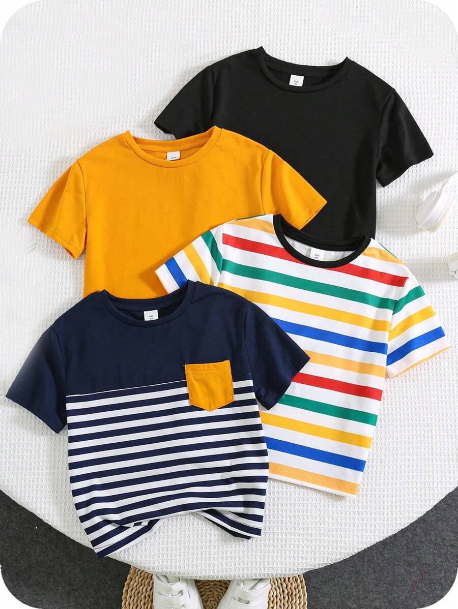 SHEIN 买 3 送 1 4 件套婴儿男孩/女孩舒适百搭可爱条纹短袖 T 恤带口袋,休闲日常穿着,适合室内、户外、运动、派对、拍照、度假、节日,适合春夏季 - 彩色 - 查看 1