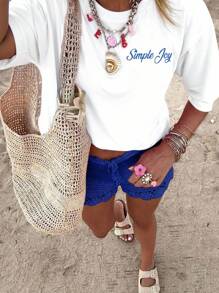 SHEIN LUNE 大码女式花卉和字母印花落肩宽松白色 T 恤，休闲夏日假日风格