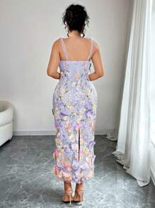 Elenzga 大码女式3D花卉印花淑女海滩度假连衣裙 - 紫色 - 查看 2