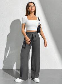 SHEIN PETITE Casual Plain Dark Grey Wide-Leg Trousers With Pockets For Everyday Style - Dark Grey - View 4