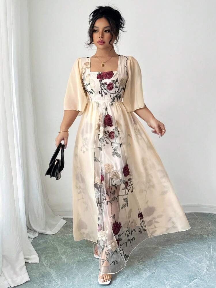 SHEIN Clasi Vestido casual y elegante de primavera/verano con cuello en V y bordado floral para tallas grandes de Celure - Albaricoque - Añade 5