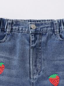 Tween Girl Dark Wash Blue Distressed Strawberry Print Wide Leg Jeans Strawberry Jeans ,Y2K Style Summer Holiday Fall Winter - Medium Wash - View 7