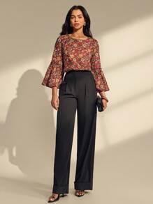 Chiquease 女式优雅印花休闲宽松衬衫 - 酒紅色 - 查看 5