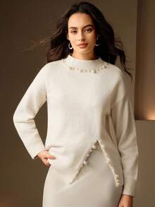 Anewsta 女士优雅设计串珠圆领修身休闲百搭开叉下摆毛衣，适合秋季、秋季、冬季、外出、优雅、正式、派对、别致、新年、圣诞节、工作、毕业、婚礼 - 杏色 - 查看 6