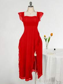 SHEIN ICON 加大码方领荷叶边修身连衣裙，适合婚礼、派对、婚礼宾客、浪漫春季装扮 - 紅色 - 查看 3