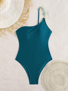 Swim Chiccia 女士夏季海滩音乐节单肩闪亮尼龙棕色串珠优雅度假风格连体衣 - 綠色 - 查看 7