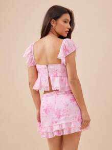 WESTFADE Áo voan cổ tim in hoa tay bồng xòe xếp nếp & chân váy mini xếp nếp cạp cao buộc phía trước cho nữ bộ trang phục biểu diễn nhạc đồng quê mùa hè - Hồng - Xem 3