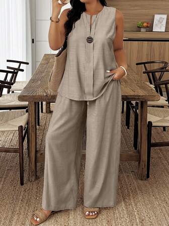 EMERY ROSE Conjunto de 2 piezas de top sin mangas con cuello entallado y pantalones de unicolor informal en talla grande