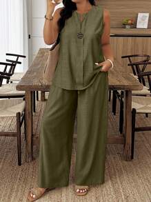 EMERY ROSE Plus Size Women's Summer Casual Minimalist Vacation Style Solid Color Notch Neck Loose Sleeveless Top And Wide Leg Pants 2 Pieces Set - Green - View 1