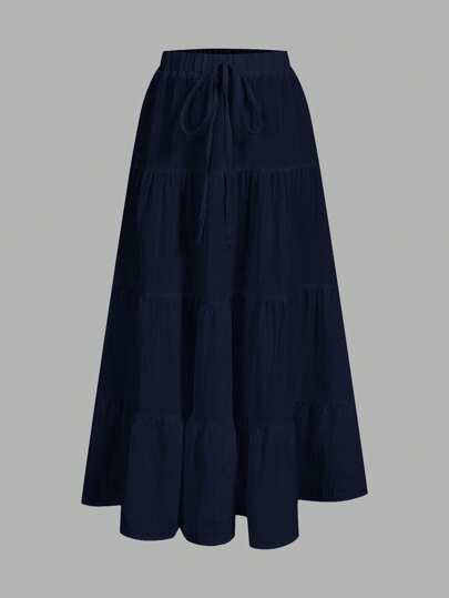 SHEIN EZwear Women's Casual Vacation Multi-Layer Cake Skirt, Suitable For Summer Suitable For Going Out Chic Dress