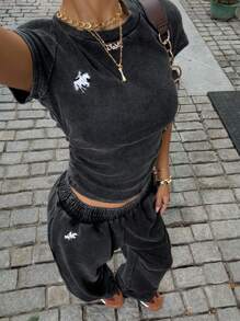 Muchica 黑色针织刺绣圆领短袖上衣配长裤休闲套装 - 黑色 - 查看 6